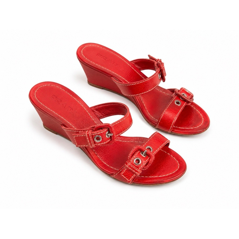 Vintage Prada Wedge Sandals 35 Red Leather Buckle Slide Y2K Quiet Luxury Italy